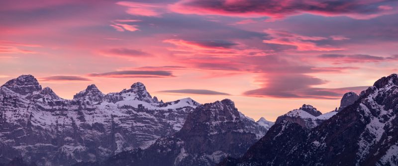 Alps mountains, Dolomites, Sunset, Dusk, Pink sky, 5K