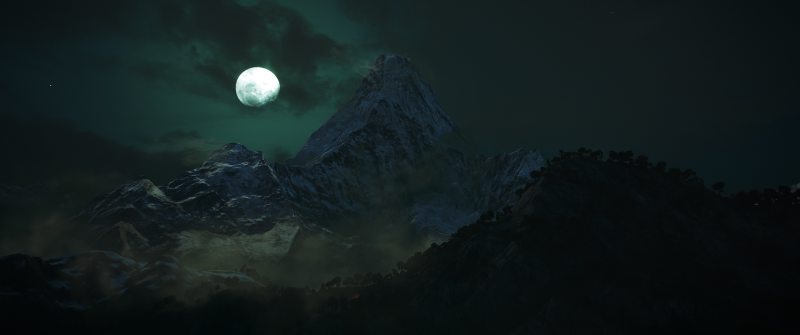 Night, Moon, Mountains, Dark, Forest