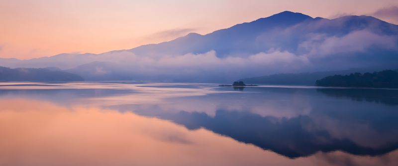 Mountain, Sunrise, Foggy, Lake, Reflection, Dawn, Stock