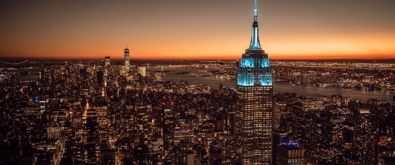 New York City, Empire State Building, Cityscape, City lights, Sunset, 5K