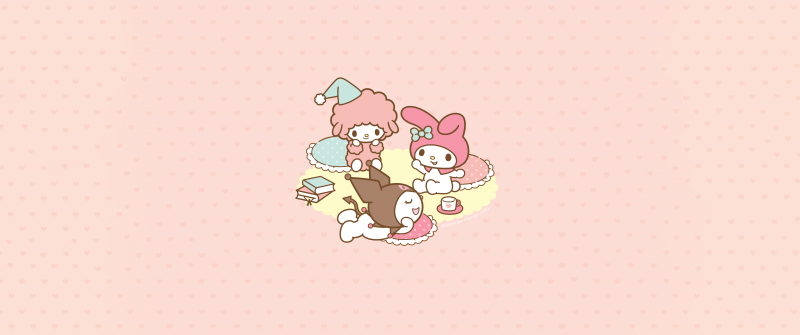 My Melody, Kuromi, My Sweet Piano, Cute cartoon, 8K, Peach background, Sanrio