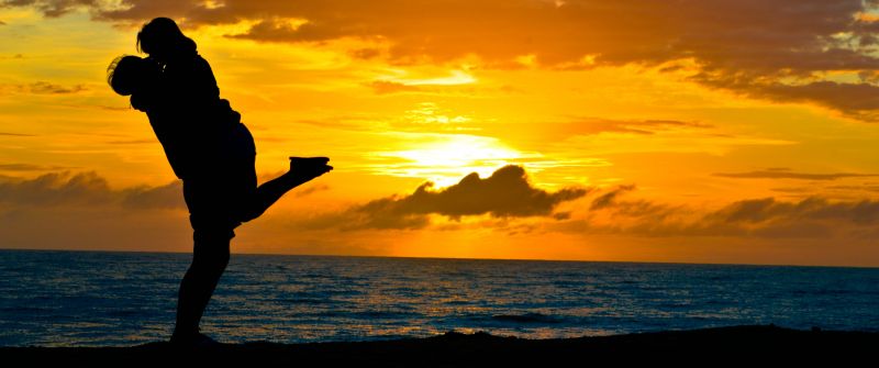 Couple, Mood, Romantic kiss, Sunset, Silhouette, Beach, Dawn, 5K