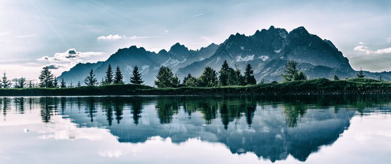 Mountains, Cold, Lake, Riven, Reflection, Trees, 5K