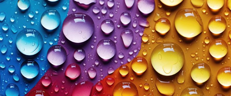 Water drops, Colorful background, Macro, 5K, Droplets, Aesthetic