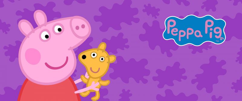 Peppa Pig, Teddy, Purple background, Cartoon