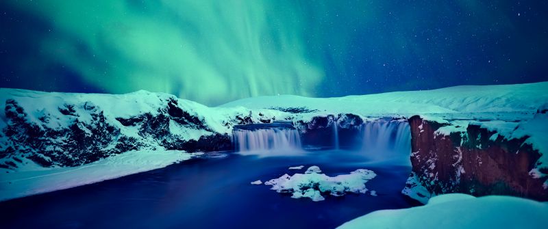 Snow covered, Godafoss waterfall, Winter, Iceland, Aurora sky, Night