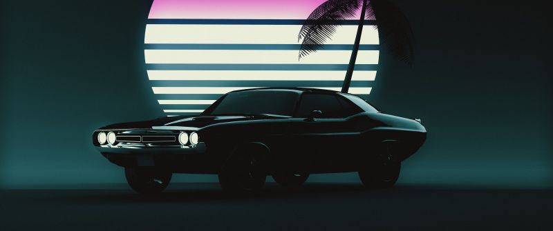 Muscle car, Retro, Vintage car, Sunset, Neon, 5K, Dark background, Dark aesthetic