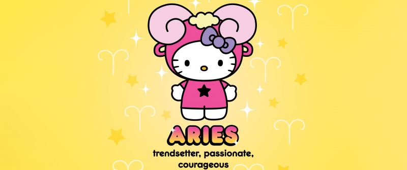 Aries, Hello Kitty, Zodiac sign, Yellow aesthetic, Trendy, Passion, Courage, 5K, Sanrio