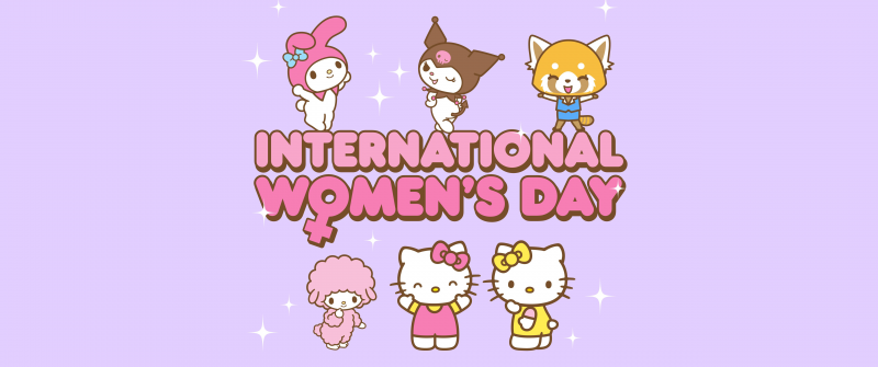 Women's Day, My Melody, Hello Kitty, Kuromi, Purple background, 5K, Sanrio