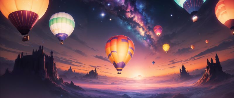 Hot air balloons, Aesthetic, Festival, Surreal, AI art, Colorful, 5K, Milky Way