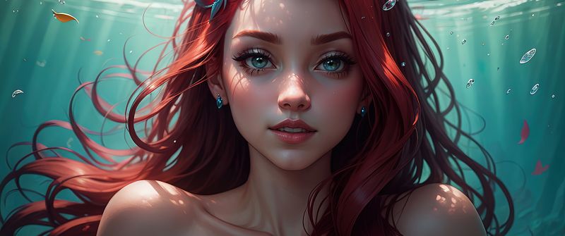 Ariel (Disney Princess), AI art, Underwater, Mermaid, Beautiful girl