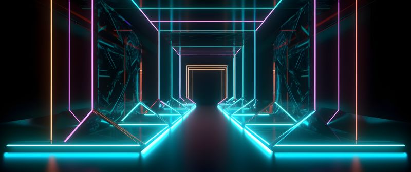 Neon lines, Modern interior, Geometric, 5K, Glowing