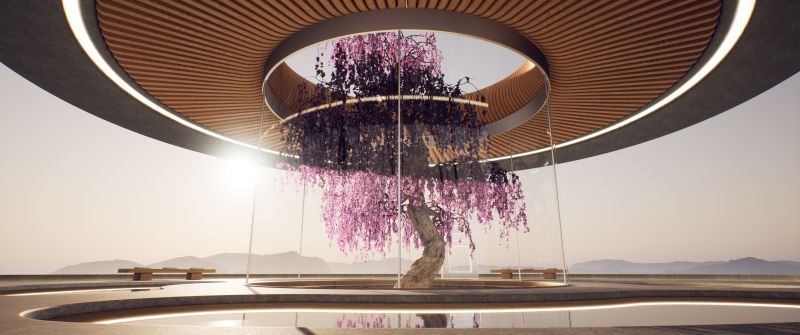 Aesthetic, Modern interior, Cherry blossom, Futuristic, Digital illustration
