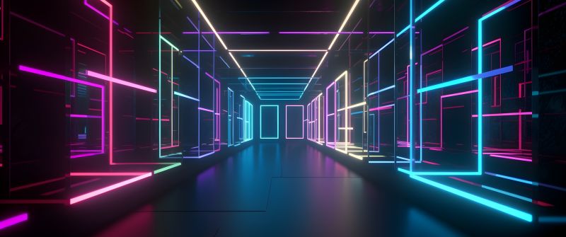Glowing, Corridor, Neon Lights, Colorful, 5K
