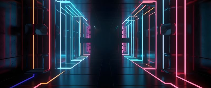 Futuristic, Corridor, Neon Lights, 5K, Glowing
