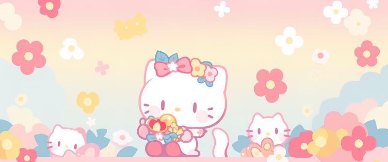 Cute hello kitties, Floral Background
