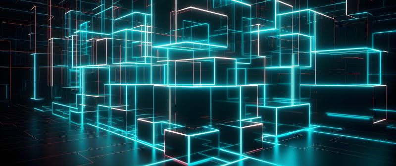 Neon, Cubes, Maze, Dark room, Glowing lights, 5K, Geometric