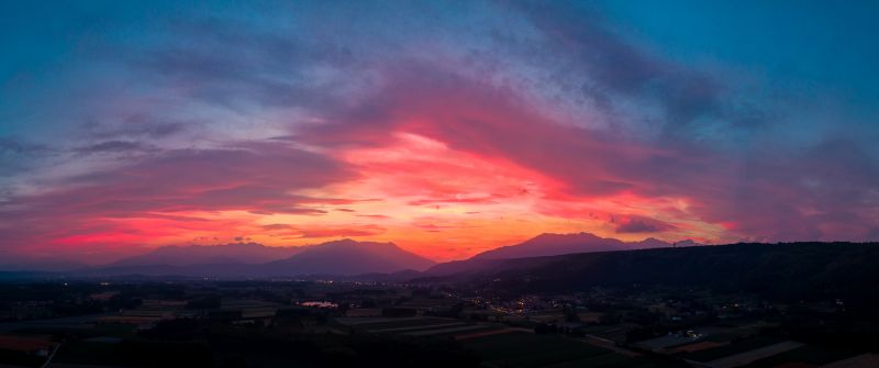 Sunset, Countryside, Mountains, Twilight, Afterglow, Red Sky, 5K, 8K