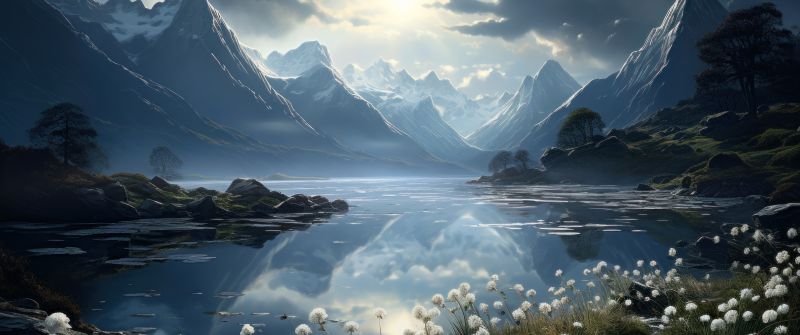 Alpine lake, Moonlight, Scenery, Surreal, Serene, Peaceful, Valley, AI art, 5K, 8K