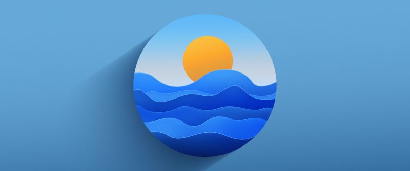 Sunset, Illustration, 5K, Blue aesthetic, Circle, Ocean