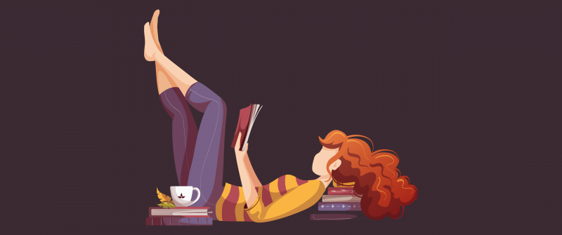 Teen girl, Reading book, Illustration, Relaxing, Dark background, 5K, Study