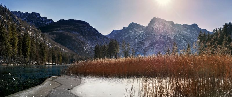 Sunny day, Mountains, Landscape, Tranquility, Sunlight, Lake