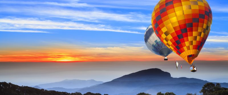 Hot air balloons, Landscape, Hills, Sunrise, Morning, Foggy, 5K