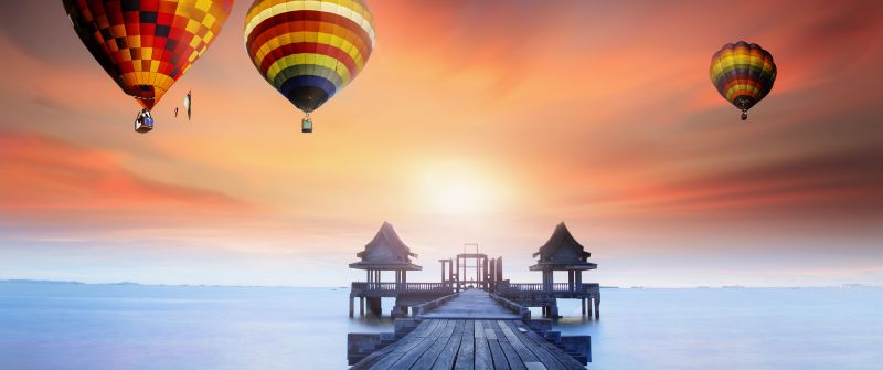 Wooden pier, Hot air balloons, Sunrise, Daylight, Foggy, Colorful, 5K