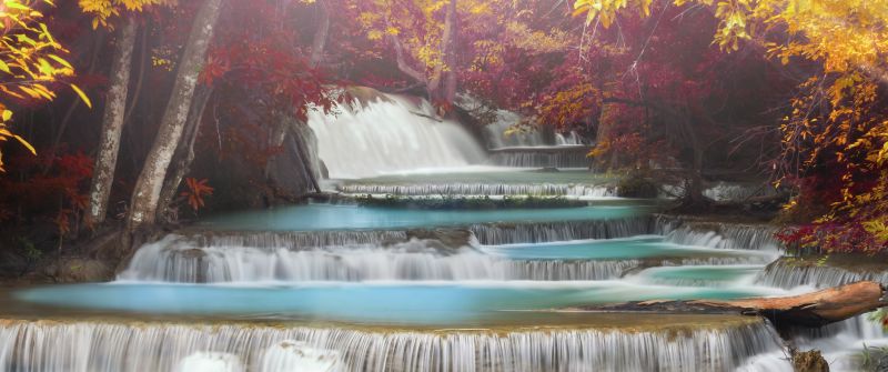 Erawan Falls, Aesthetic, Autumn, Waterfall, Forest, Thailand, 5K