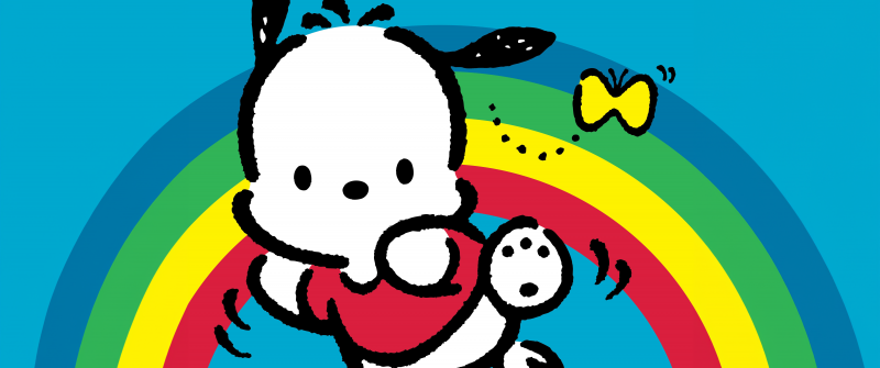 Pochacco, Rainbow, Cute cartoon, Blue background, 5K, 8K