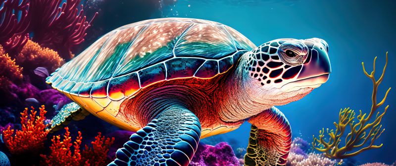 Sea Turtle, AI art, Coral reef, Colorful, Vibrant, Underwater