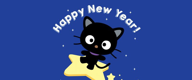 Chococat, Happy New Year, Blue background, Cute cartoon, 5K