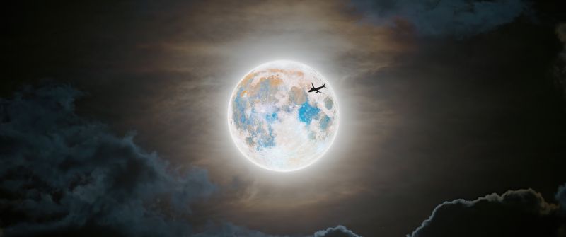 Full moon, Flight, Silhouette, Clouds