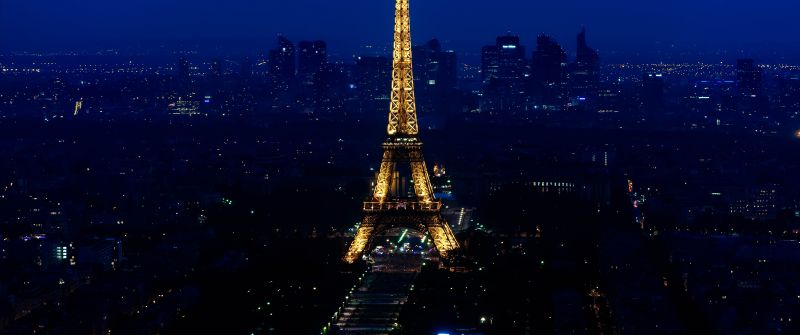 Eiffel Tower, 5K, Night, Cityscape, Lighting, Blue Sky, Paris, France