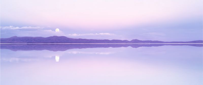 Full moon, Purple aesthetic, Lake, Calm, Reflection, Mountains