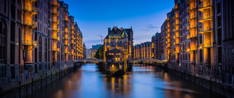 Speicherstadt, Hamburg, Germany, Cityscape, Buildings, Night City, 5K