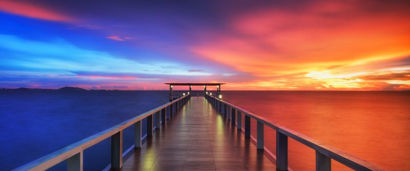 Wooden pier, Bridge, Sunset, Horizon, Resort, Dawn, Vacation, Holidays, Phuket, Thailand, Aesthetic, 5K