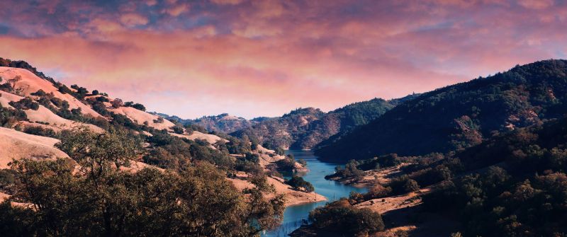 Sunset, Valley, River, Mountains, Trees, 5K, Aesthetic