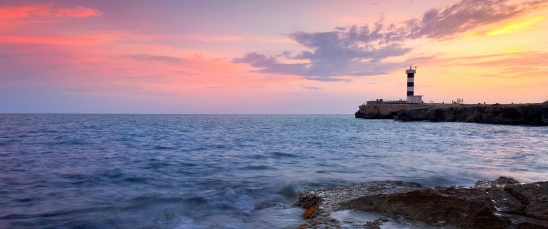 Colonia Sant Jodi, Sunset, Rocky shore, Lighthouse, Mallorca Island, Spain, Ocean