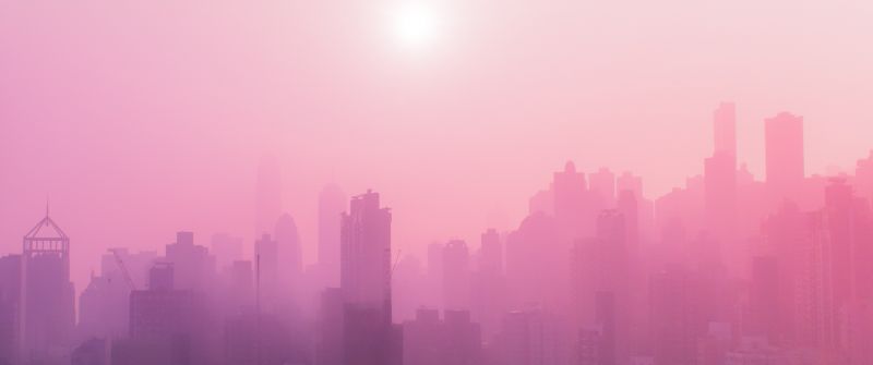 Cityscape, Urban, Pink, Foggy, Sunrise, Skyscrapers, 5K
