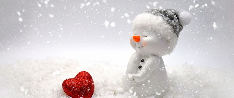 Snowman, Red heart, Cute figure, Snowfall, Christmas decoration, 5K, Navidad, Noel