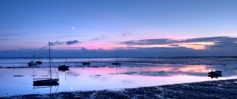 Beach, Scenery, Sunset, Reflection, Clouds, 5K