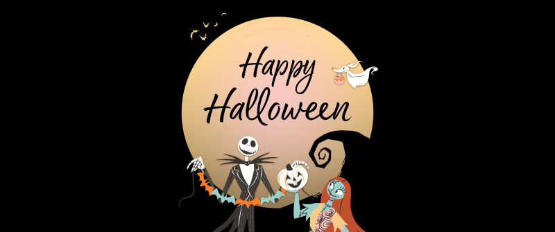 Happy Halloween, The Nightmare Before Christmas, 5K, AMOLED, Black background, Jack Skellington, Sally