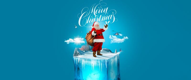 Santa Claus, Ice cube, 5K, Surreal, Aesthetic Cyan, Cyan background, Navidad, Noel