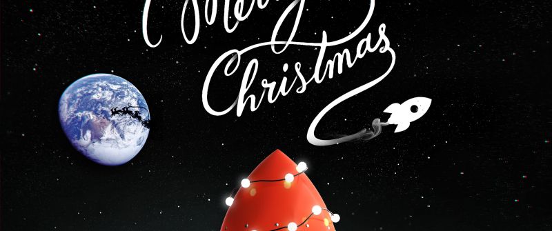 Merry Christmas, Rocket, Moon, Earth, Surreal, Navidad, Noel