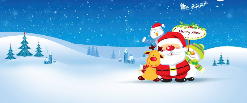 Merry Xmas, Santa Claus, Illustration, Snowman, Winter snow, Blue Sky, Reindeer Chariot, Aesthetic, Navidad, Noel