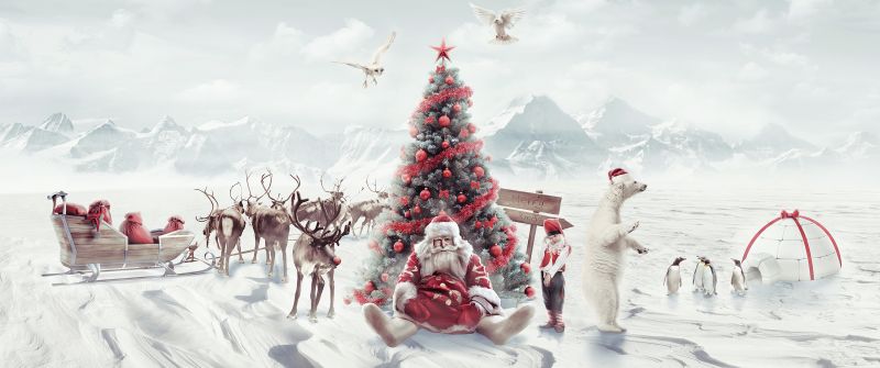 Santa Claus, Christmas tree, Penguins, Aesthetic Christmas, Winter Mountains, Reindeer Chariot, Navidad, Noel, Sleigh