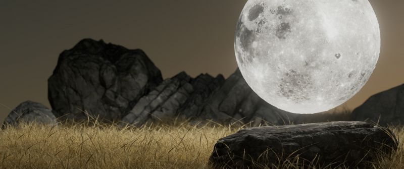 Full moon, Surreal, Landscape, Rocks, Brown aesthetic
