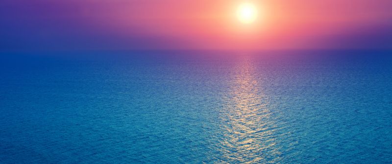 Sunrise, Seascape, Horizon, Ocean, Pink sky, Blue, Morning light, Aesthetic