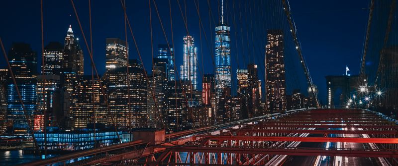 Brooklyn Bridge, 5K, Manhattan, New York City, Cityscape, City lights, Night, Urban